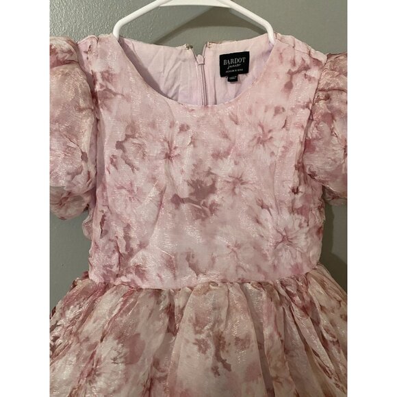 Pink Floral Bardot Junior Girls Dress Size 16 With Puff Sleeves & Back Zipper - Picture 2 of 6